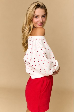 PT17835-8<br/>Alina Off Shoulder Cropped Heart Print Sweatshirt